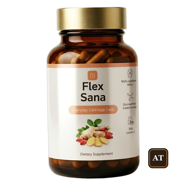 Flex Sana: bernsteinfarbene Dose mit goldenem Deckel und cremefarbenem Etikett „Everyday Cartilage Care“ — Visualisierung aus den Angebotsunterlagen