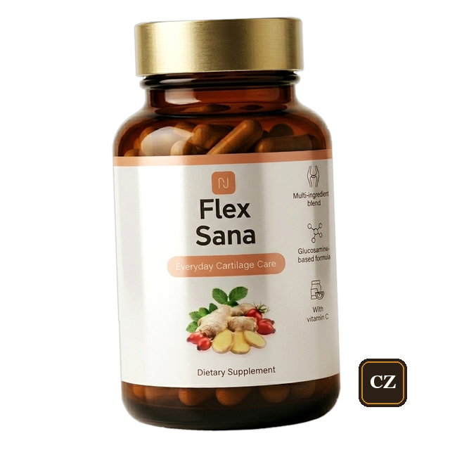 Flex Sana: jantarová lahvička se zlatým víčkem a krémovou etiketou „Everyday Cartilage Care“ — vizualizace z materiálů nabídky