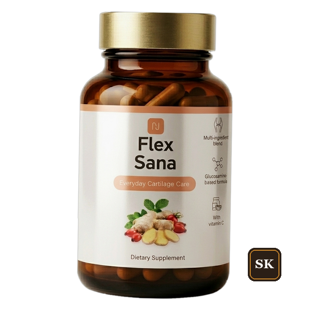 Flex Sana: jantárová fľaštička so zlatým viečkom a krémovou etiketou „Everyday Cartilage Care“ — vizualizácia z materiálov ponuky